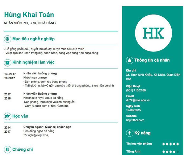 Mẫu CV NHÂN VIÊN PHỤC VỤ NHÀ HÀNG