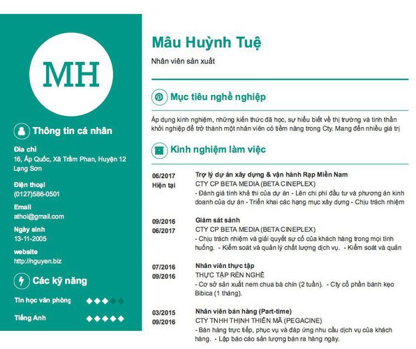 Mẫu CV Nhân viên sản xuất