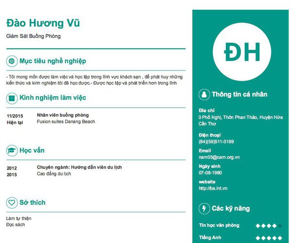 Mẫu CV Giám Sát Buồng Phòng