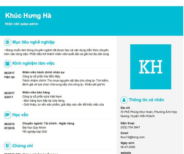 Mẫu CV Nhân viên sales admin