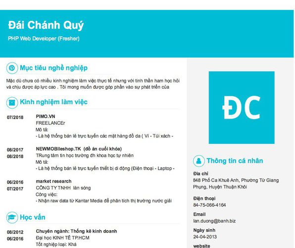 Mẫu CV PHP Web Developer (Fresher)