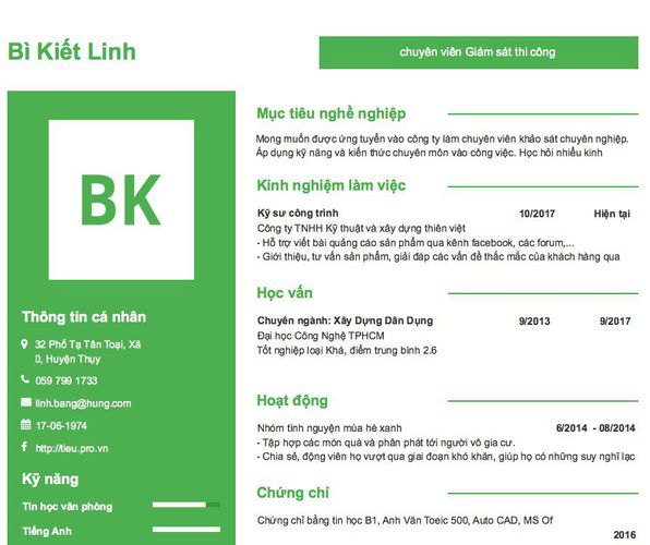 Mẫu CV chuyên viên Giám sát thi công