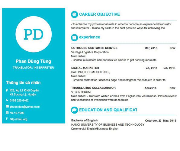 Mẫu CV TRANSLATOR / INTERPRETER