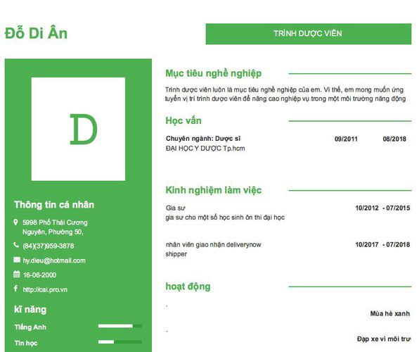 Mẫu CV TRÌNH DƯỢC VIÊN
