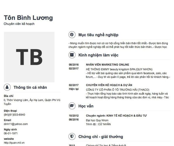 Mẫu CV Chuyên viên kế hoạch