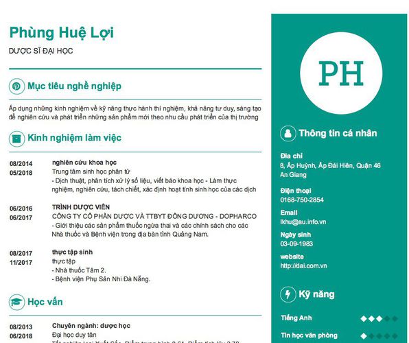 Mẫu CV DƯỢC SĨ ĐẠI HỌC