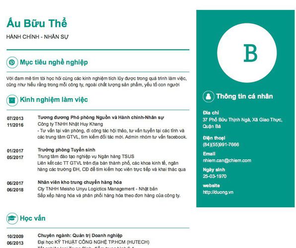 Mẫu CV HÀNH CHÍNH - NHÂN SỰ