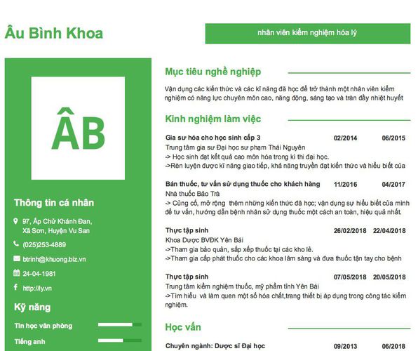 Mẫu CV nhân viên kiểm nghiệm hóa lý