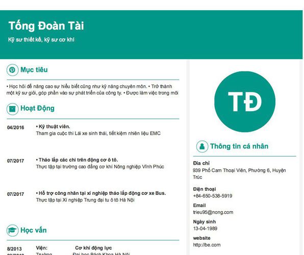 Mẫu CV Kỹ sư thiết kế, kỹ sư cơ khí