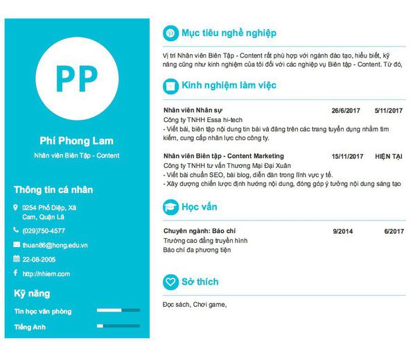 Mẫu CV Nhân viên Biên Tập - Content