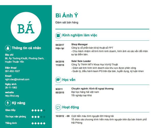 Mẫu CV Giám sát bán hàng
