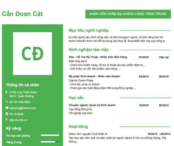 Mẫu CV NHÂN VIÊN CHĂM Sóc KHÁCH HÀNG TIẾNG TRUNG