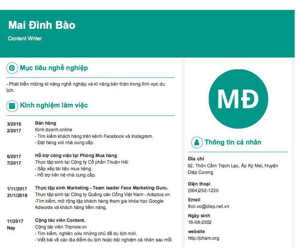 Mẫu CV Content Writer