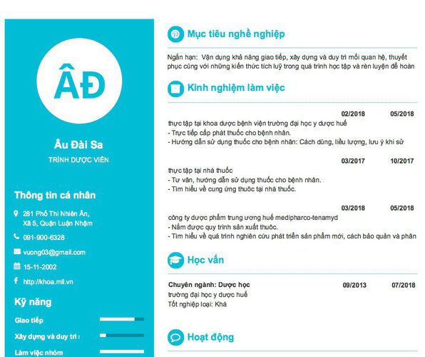 Mẫu CV TRÌNH DƯỢC VIÊN