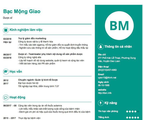 Mẫu CV Dược sĩ