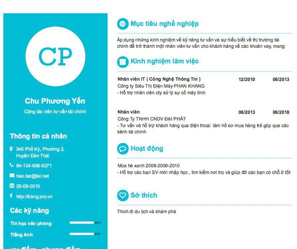 Mẫu CV Cộng tác viên tư vấn tài chính