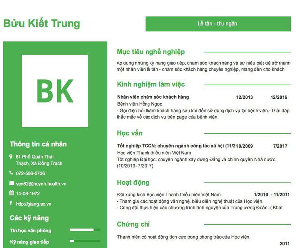 Mẫu CV Lễ tân - thu ngân