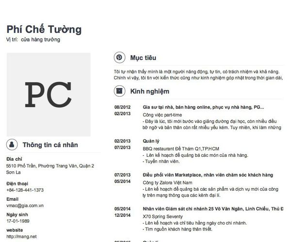 Mẫu CV Vị trí:  cửa hàng trưởng