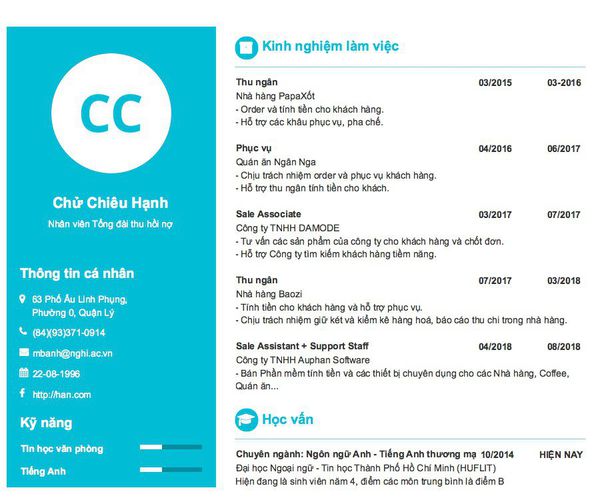Mẫu CV Nhân viên Tổng đài thu hồi nợ