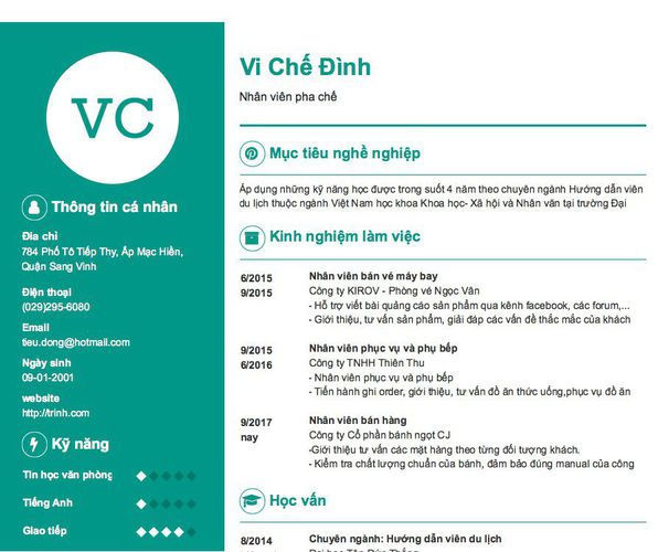 Mẫu CV Nhân viên pha chế
