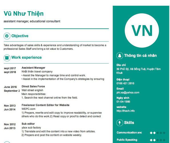 Mẫu CV assistant manager, educational consultant