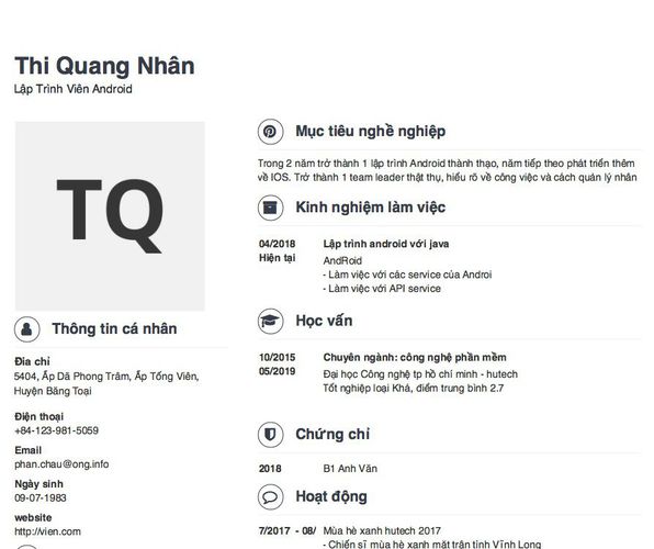 Mẫu CV Lập Trình Viên Android