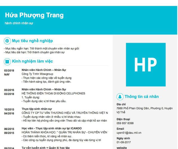Mẫu CV hành chính nhân sự