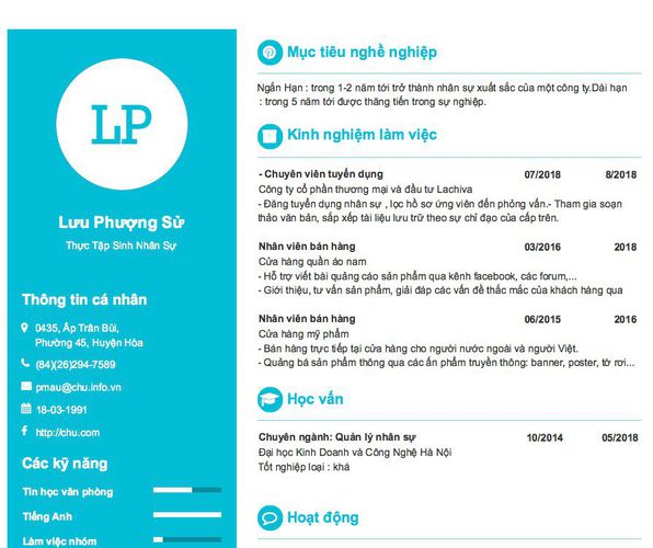 Mẫu CV Thực Tập Sinh Nhân Sự