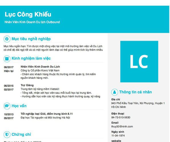 Mẫu CV Nhân Viên Kinh Doanh Du lịch Outbound