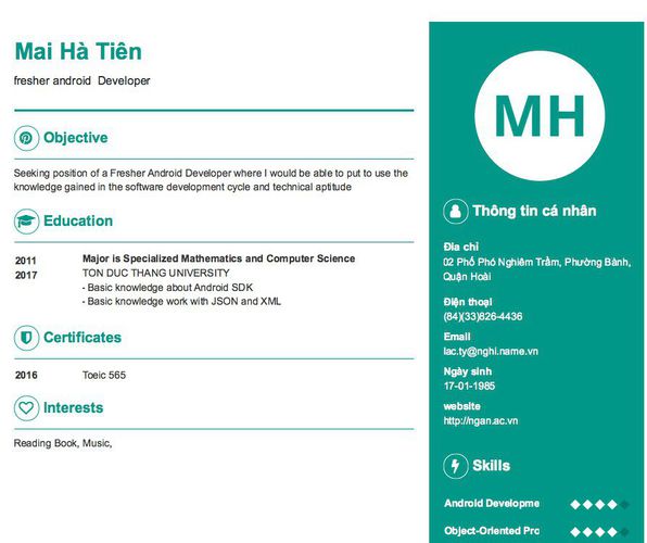 Mẫu CV fresher android  Developer