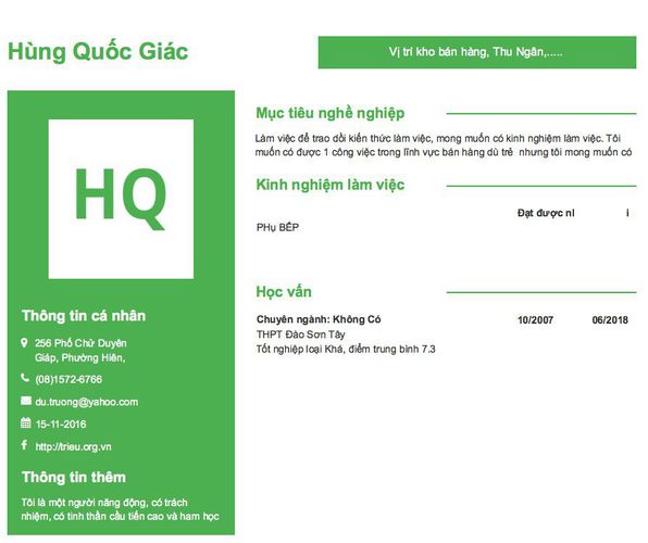 Mẫu CV Vị trí kho bán hàng, Thu Ngân,.....
