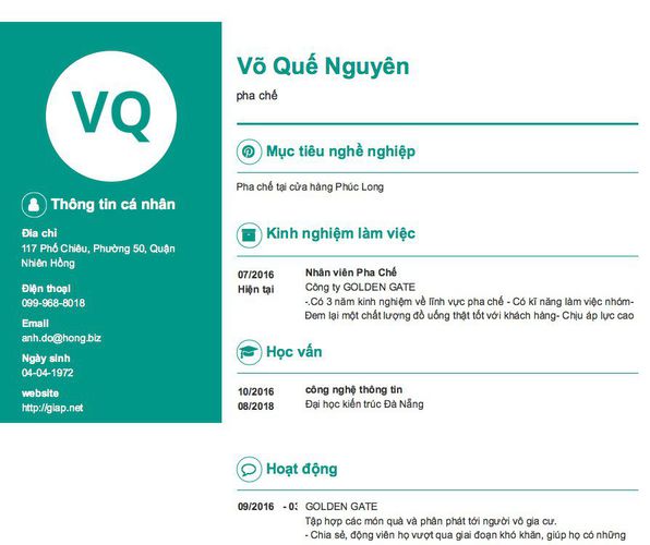 Mẫu CV pha chế