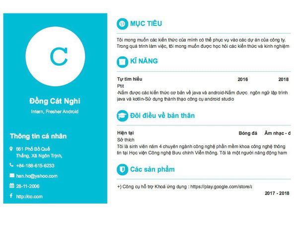 Mẫu CV Intern, Fresher Android