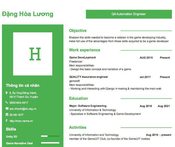 Mẫu CV QA Automation Engineer
