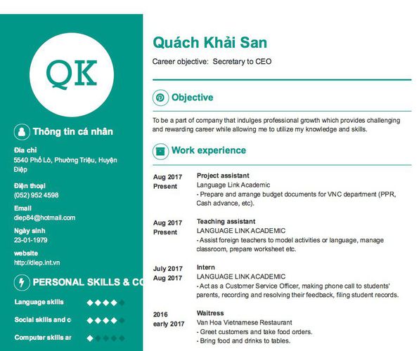 Mẫu CV Career objective:  Secretary to CEO