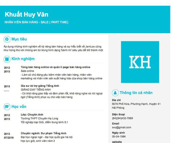 Gợi ý cách viết Mẫu CV tham khảo NHÂN VIÊN BÁN HÀNG - SALE ( PART TIME)