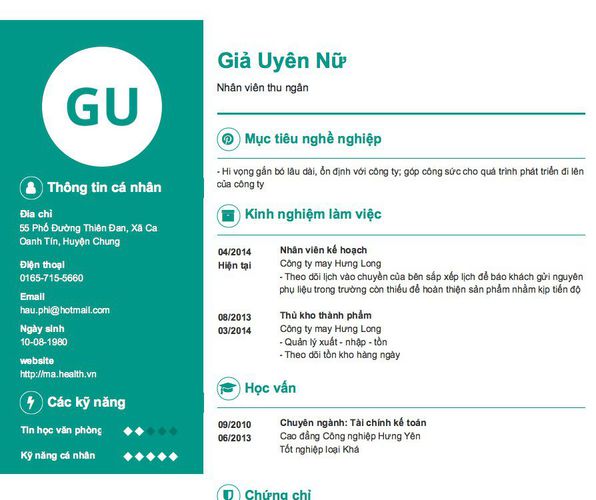Mẫu CV Nhân viên thu ngân