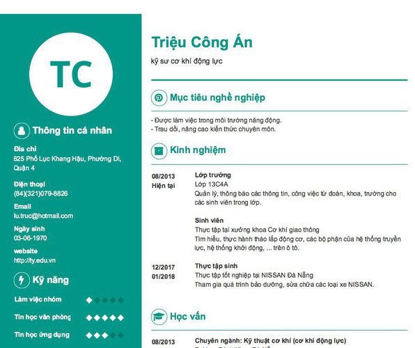 Mẫu CV kỹ sư cơ khí động lực