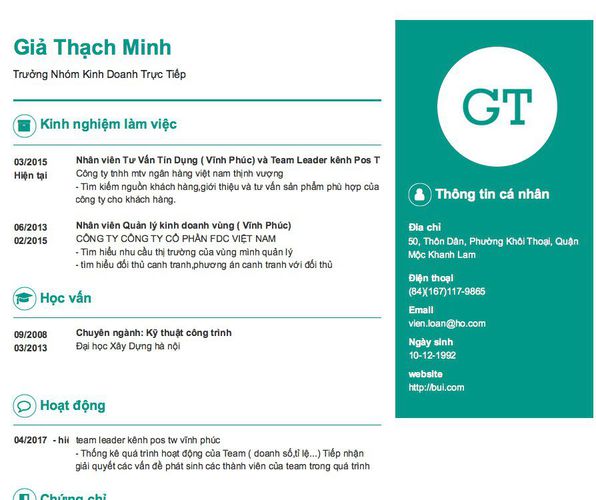 Gợi ý cách viết Mẫu CV tham khảo Trưởng Nhóm Kinh Doanh Trực Tiếp