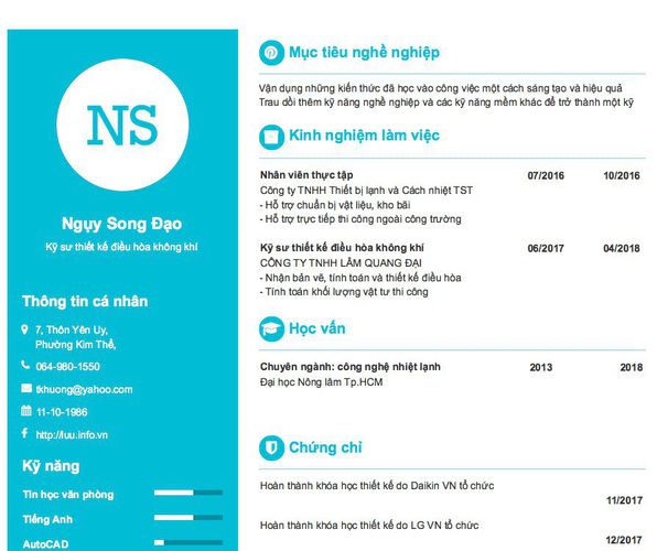 Mẫu CV Kỹ sư thiết kế điều hòa không khí