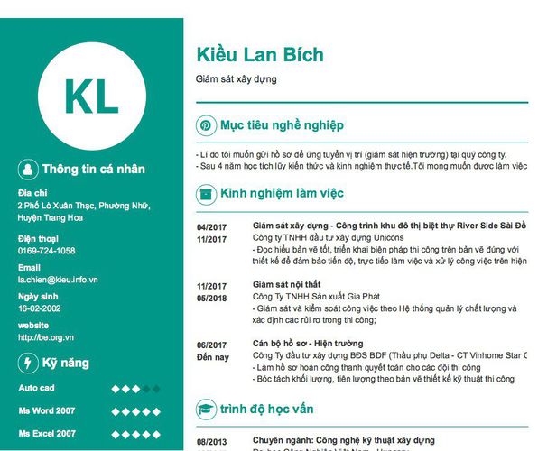 Mẫu CV Giám sát xây dựng