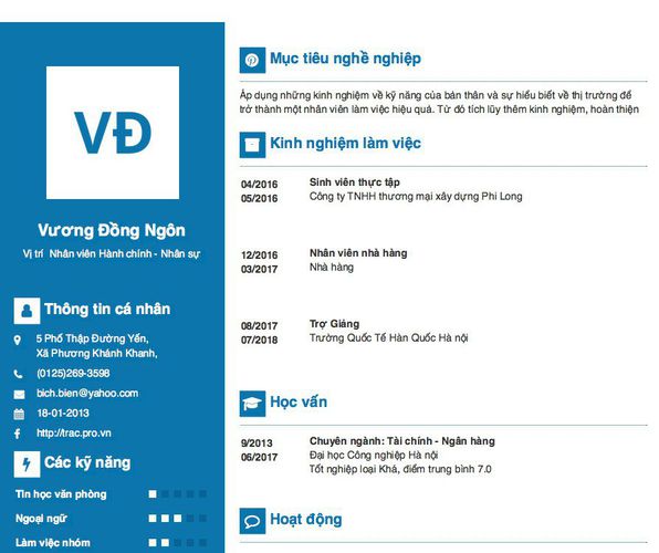 Mẫu CV Vị trí  Nhân viên Hành chính - Nhân sự