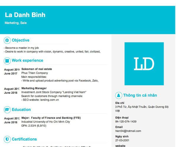 Mẫu CV Marketing, Sale