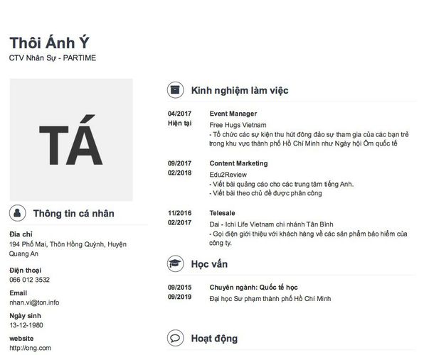 Mẫu CV CTV Nhân Sự - PARTIME