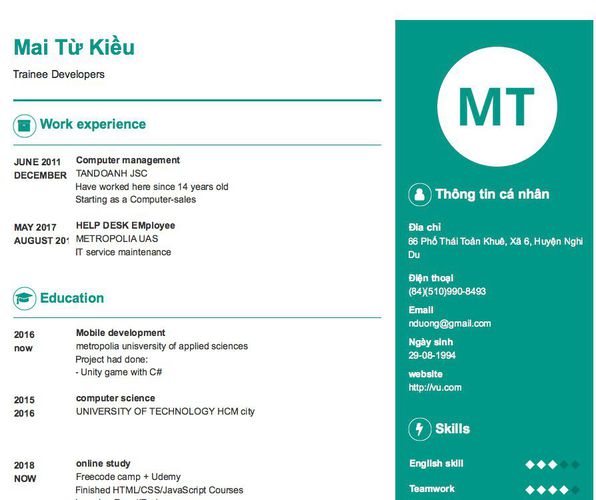 Mẫu CV Trainee Developers