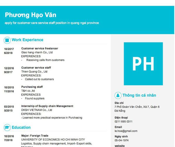 Gợi ý cách viết Mẫu CV tham khảo apply for customer care service staff position in quang ngai province