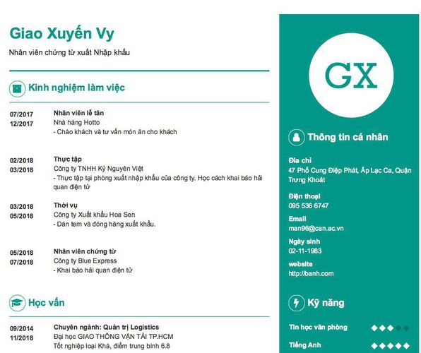 Mẫu CV Nhân viên chứng từ xuất Nhập khẩu