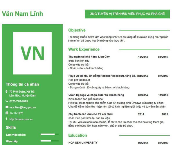 Mẫu CV ỨNG TUYỂN VỊ TRÍ NHÂN VIÊN PHỤC VỤ-PHA CHẾ