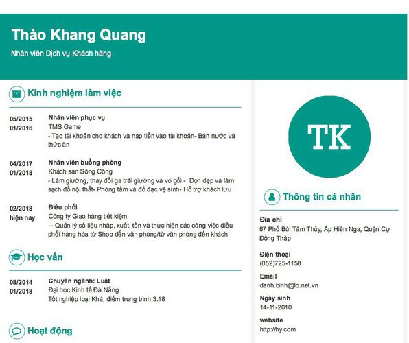 Mẫu CV Nhân viên Dịch vụ Khách hàng