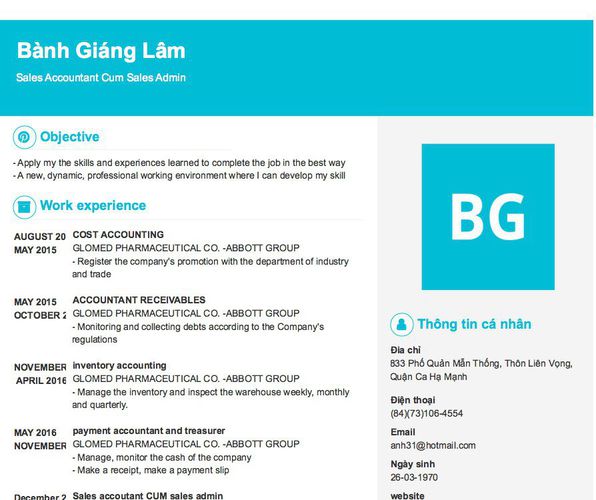 Mẫu CV Sales Accountant Cum Sales Admin